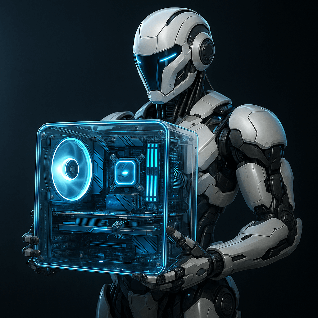 Futuristic robot holding a transparent PC glowing blue with visible internal parts.