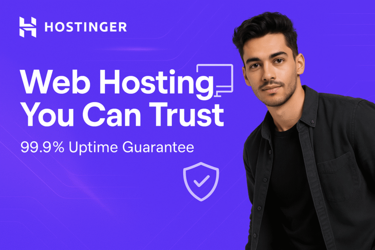 Hostinger web hosting banner with a confident young man, bold purple background, and icons showing 99.9% uptime guarantee