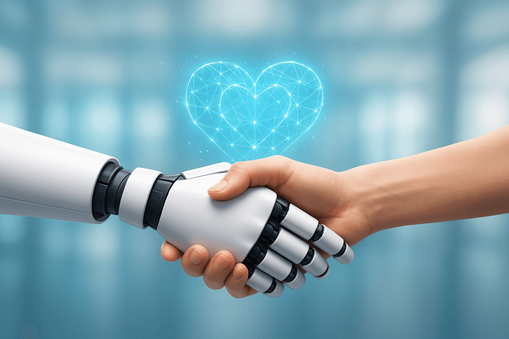 A human and a robot shaking hands with a glowing heart symbol, symbolizing future collaboration through the best AI tools for video and content creation.