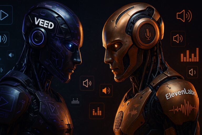 Futuristic robots labeled ElevenLabs and VEED facing each other, surrounded by sound icons — representing a comparison of the best text to speech tools for content creators in 2025.