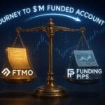 Illustration of a balance scale comparing FTMO vs Funding Pips, symbolizing the journey to a $1M funded trading account — part of a 2025 prop firm comparison blog post.