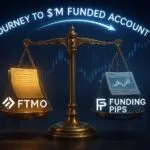 Illustration of a balance scale comparing FTMO vs Funding Pips, symbolizing the journey to a $1M funded trading account — part of a 2025 prop firm comparison blog post.