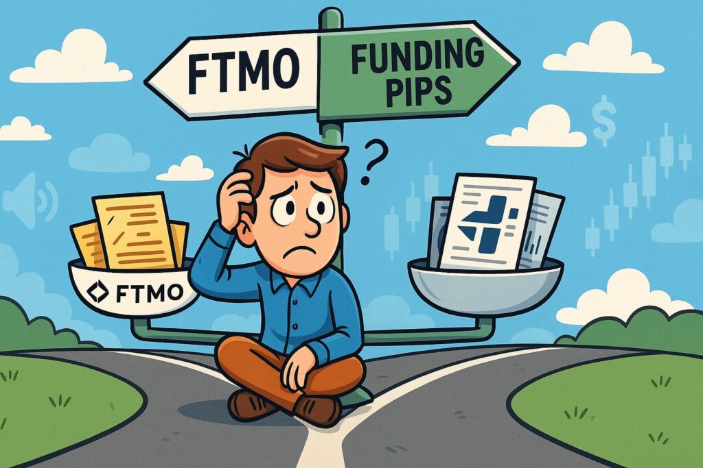illustration of a confused trader sitting at a road intersection with a signpost pointing to “FTMO” on one side and “Funding Pips” on the other, representing a decision between two trading funding programs.
