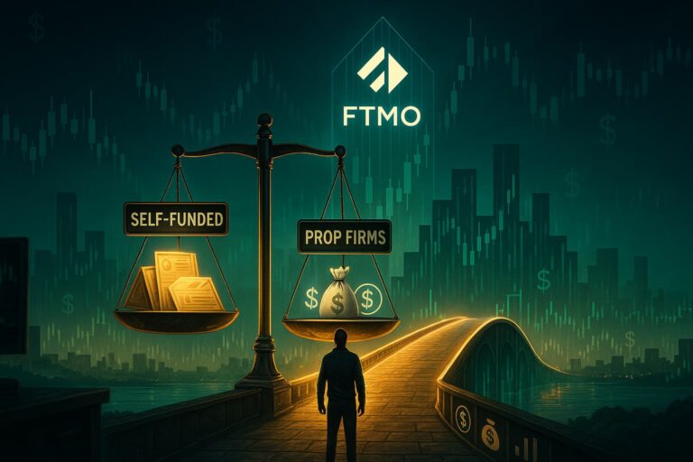 Forex trader standing on a glowing bridge symbolizing access to capital from prop firms forex, with FTMO highlighted as a trusted funding provider.