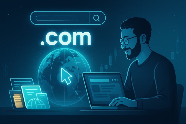 A glowing .com domain floating above a digital globe, symbolizing trusted online branding in 2025 for business and personal websites.