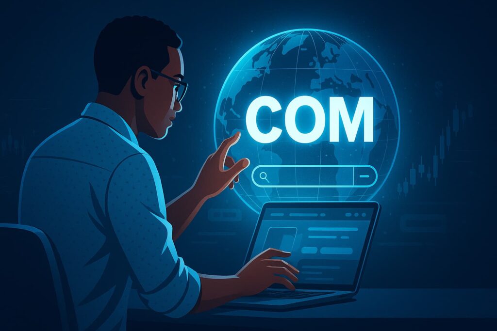 A digital illustration of a man controlling a glowing .com domain floating above a digital globe, symbolizing ownership, branding, and the global power of .com domains.