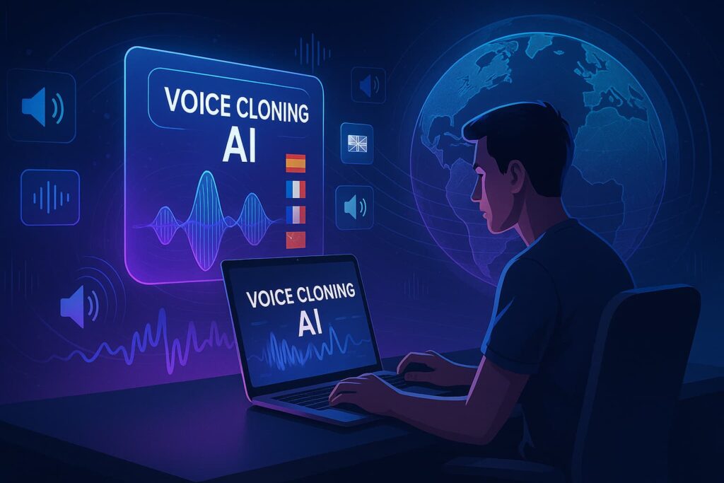 A futuristic digital illustration of a young man using a laptop to control a voice cloning AI platform, with glowing sound wave visuals, language flags, and a digital world map in the background.