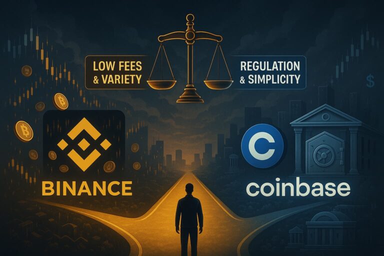 Illustration comparing Binance vs Coinbase 2025, showing a person standing at a fork in a golden road with digital scale weighing low fees and variety on Binance’s side versus regulation and simplicity on Coinbase’s side. Background features crypto chart patterns and digital finance symbols.