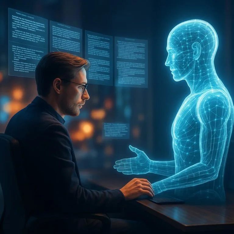 Human hand and robotic hand touching digital screen with data charts, symbolizing AI productivity tools saving time in 2025