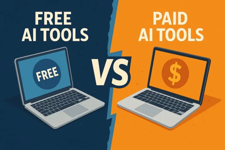 Split-screen of frustrated man using free AI tools and happy user with paid AI assistant in 2025