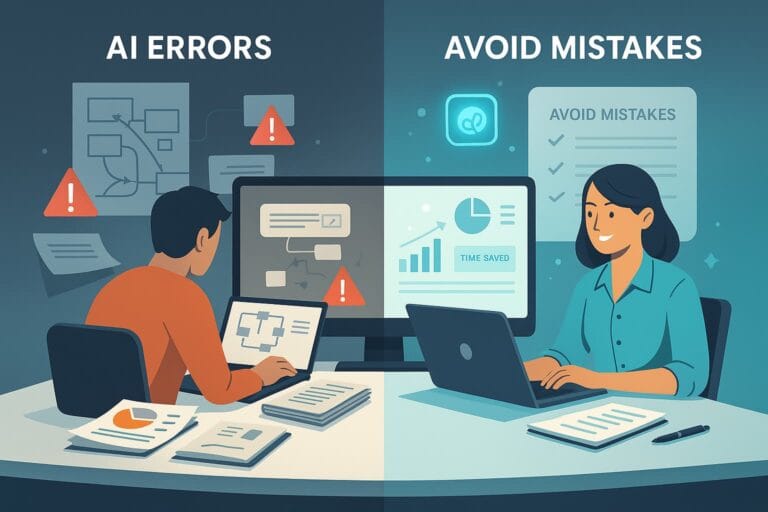 Illustration showing how to avoid AI productivity tool mistakes with visual contrast between error-prone and optimized workflows.how to avoid AI productivity tool mistakes