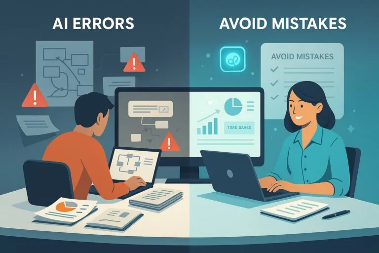 Illustration showing how to avoid AI productivity tool mistakes with visual contrast between error-prone and optimized workflows.how to avoid AI productivity tool mistakes