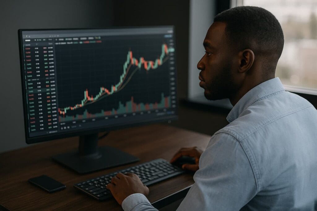 Man using forex broker that accepts mobile money to track live charts on desktop