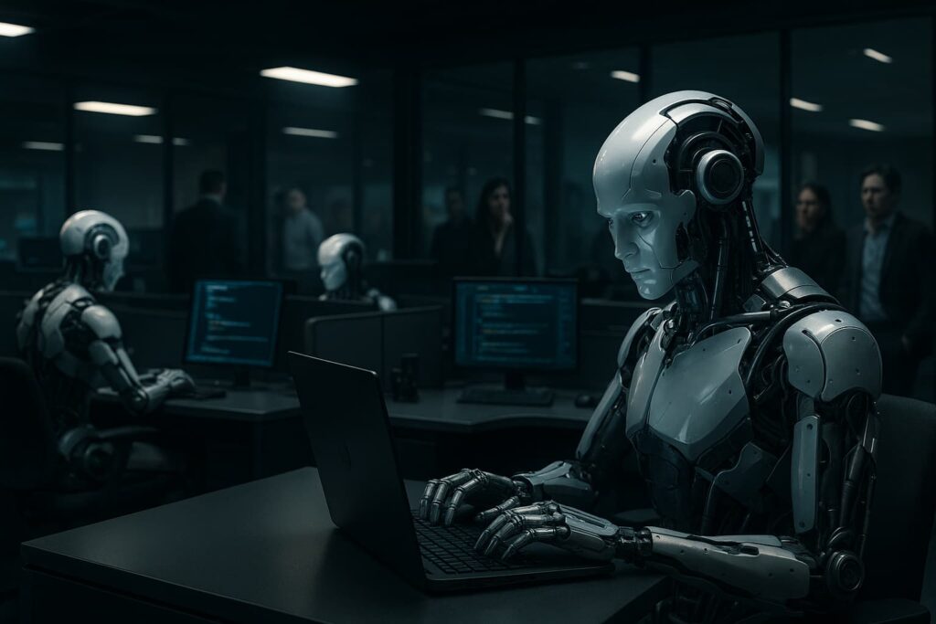 Humanoid robots replacing tech employees in a futuristic office during AI layoffs in 2025