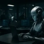 Humanoid robots replacing tech employees in a futuristic office during AI layoffs in 2025