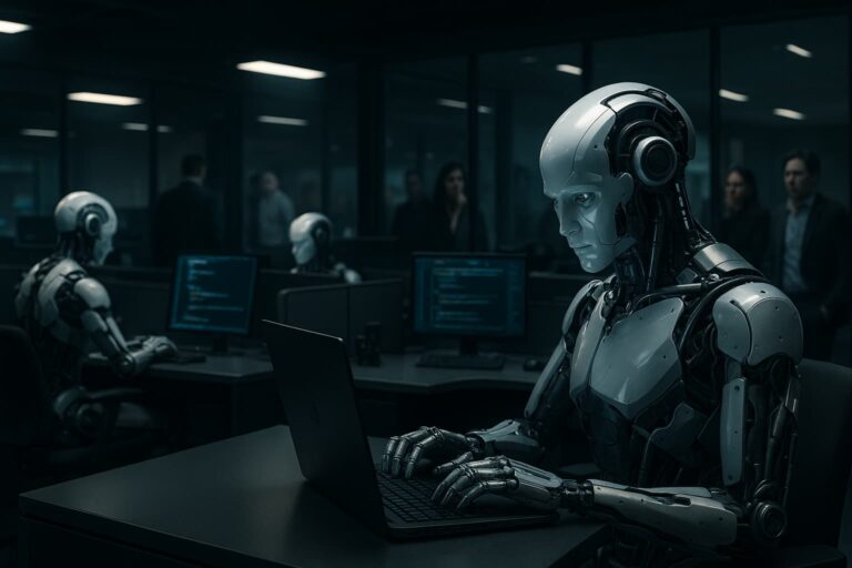 Humanoid robots replacing tech employees in a futuristic office during AI layoffs in 2025
