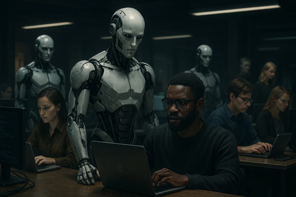 Humanoid robots replacing tech employees in a futuristic office during AI layoffs in 2025
