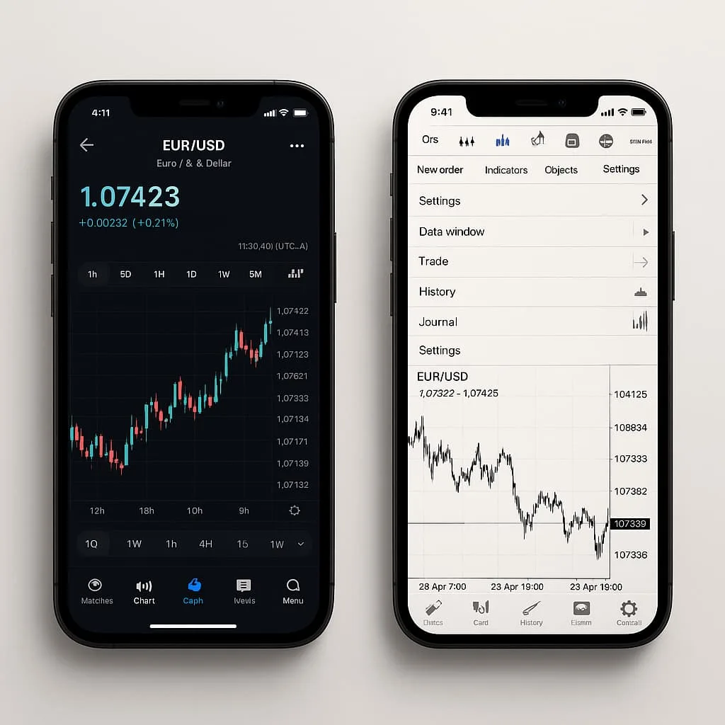 TradingView vs MetaTrader mobile app comparison on two smartphones