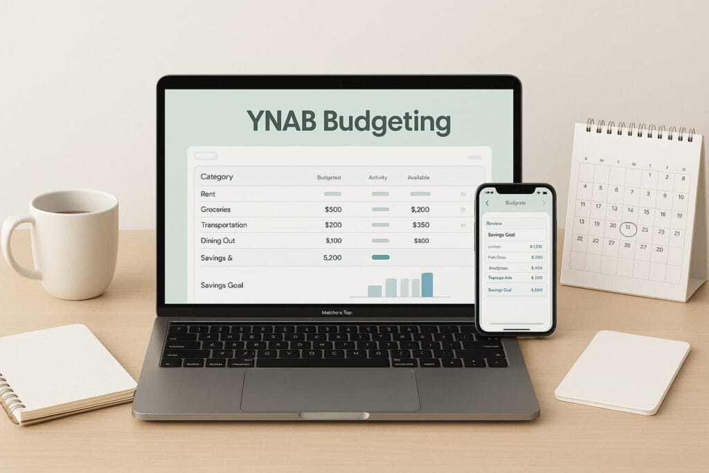 YNAB budgeting app dashboard on laptop and phone showing expense categories