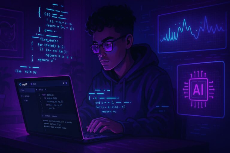 Gen Z creator coding in ambient room using AI tools — AI vibe coding trend 2025
