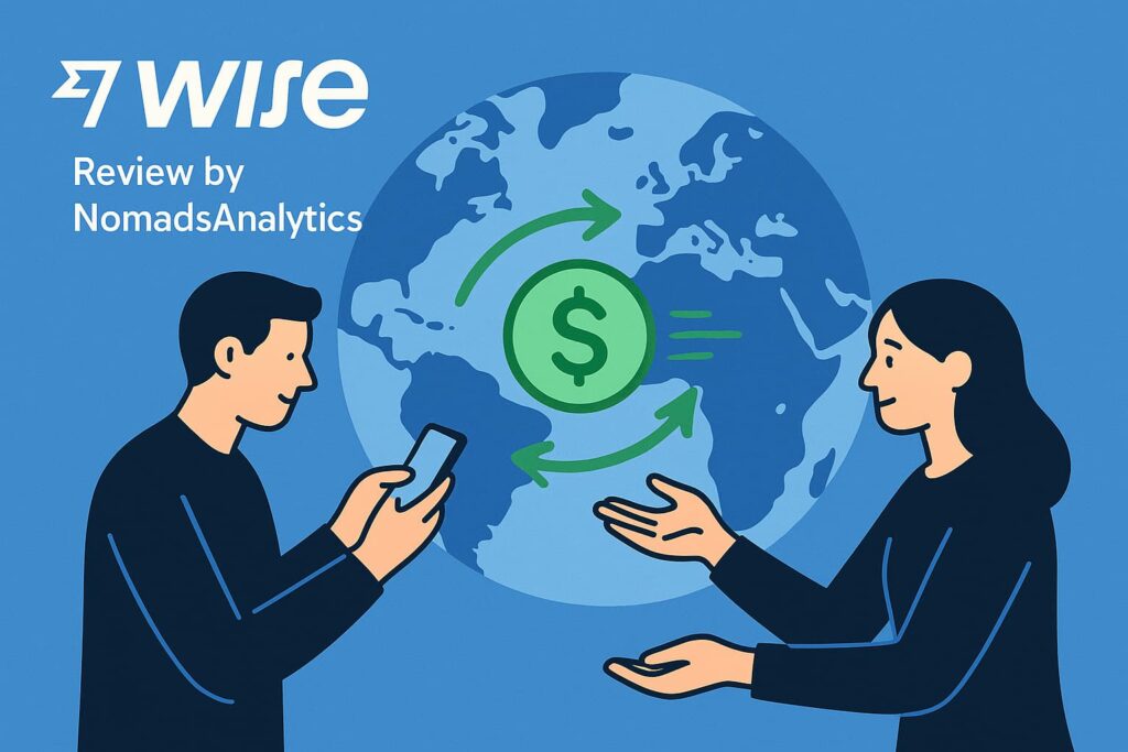 Wise money transfers illustration with text 'Review by NomadsAnalytics'