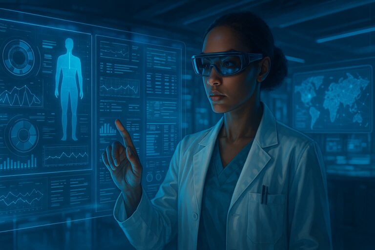 Futuristic hospital scene showing AI in healthcare with robot doctor, AI diagnostic scan, and neural network visuals.
