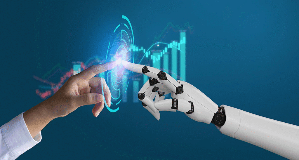 Human and AI robot finger touch symbolizing collaboration using the best AI productivity tools for 2025