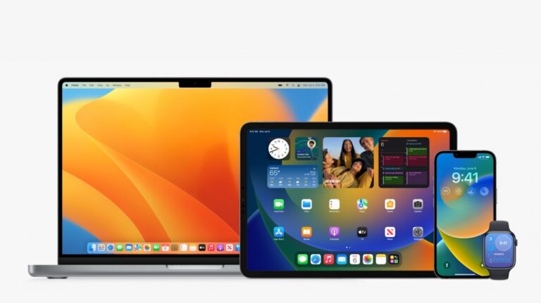 Apple devices compatible with macOS 26 including MacBook, iPad, iPhone, and Apple Watch
