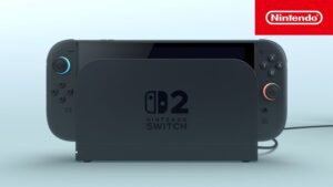 Nintendo Switch 2 next-gen hybrid gaming console in handheld mode with detachable Joy-Con controllers, showcasing its OLED screen playing The Legend of Zelda