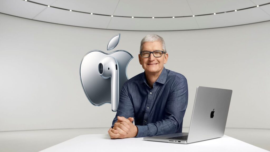 WWDC 2025 AirPods features illustrated with a futuristic AirPod protruding from the Apple logo, showcasing next-gen innovations expected at Tim Cook’s keynote.