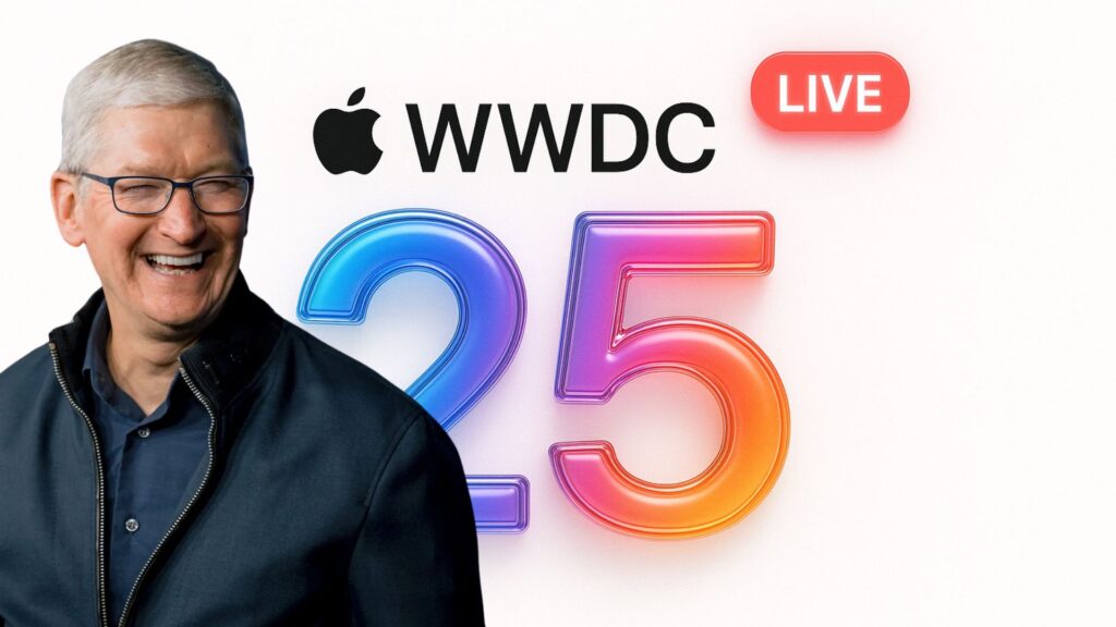 Apple WWDC 2025 official logo with LIVE stream icon on white background, featuring colorful text and 3D number 25, inspired by Tim Cook’s keynote presentation style.