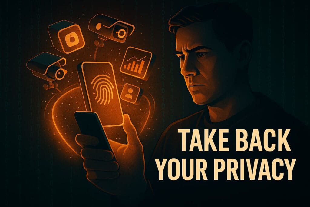 Illustration showing how to prevent data harvesting on smartphones — app icons turning into surveillance devices as a person protects their phone.