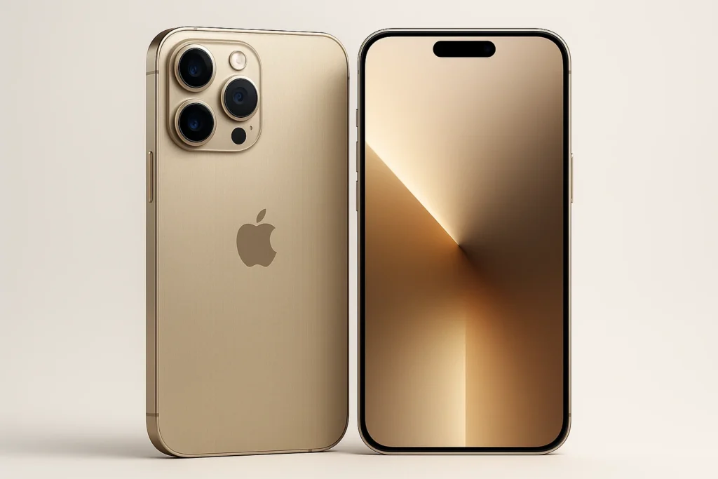 iPhone 16 Pro Max Desert Titanium landscape render showing front and back design with triple camera and matte titanium finish