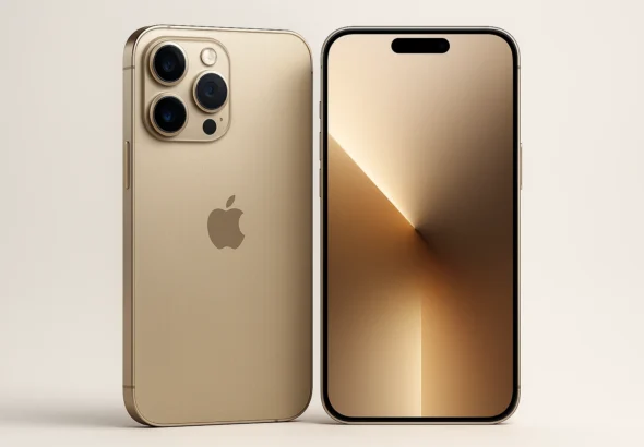 iPhone 16 Pro Max Desert Titanium landscape render showing front and back design with triple camera and matte titanium finish