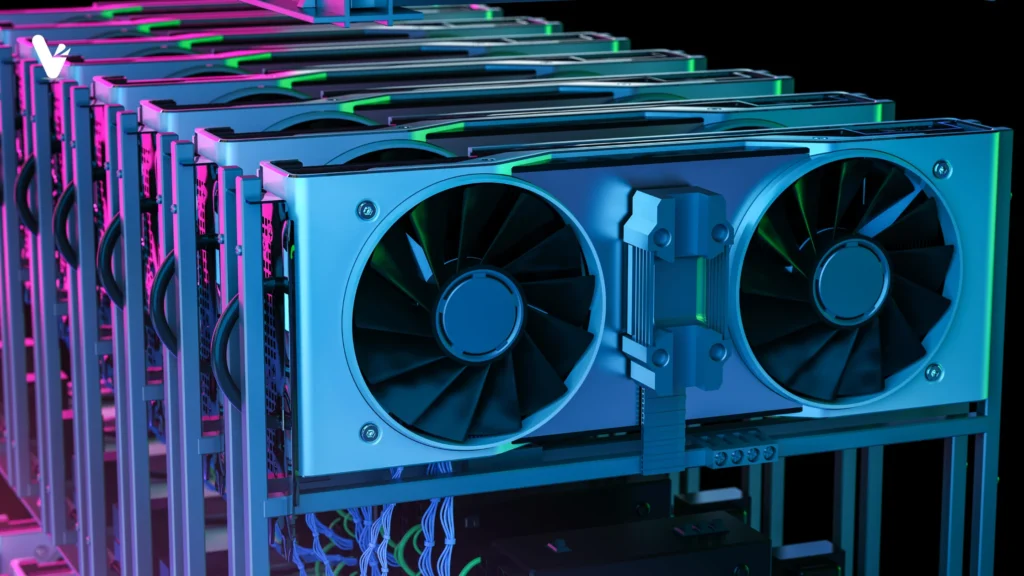 Multiple graphics cards (GPUs) installed in a mining rig with dual-fan cooling