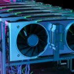 Multiple graphics cards (GPUs) installed in a mining rig with dual-fan cooling