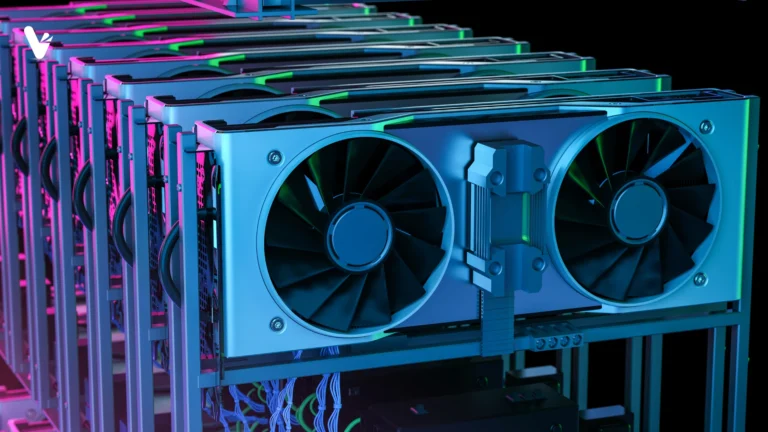 Multiple graphics cards (GPUs) installed in a mining rig with dual-fan cooling