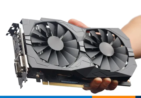 Close-up of a dual-fan desktop graphics card held in hand during a pre-purchase inspection. The image highlights GPU cooling fans, PCIe connector, and I/O ports — relevant for used GPU testing and safe buying checks in Europe.