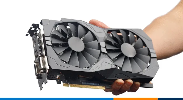 Close-up of a dual-fan desktop graphics card held in hand during a pre-purchase inspection. The image highlights GPU cooling fans, PCIe connector, and I/O ports — relevant for used GPU testing and safe buying checks in Europe.