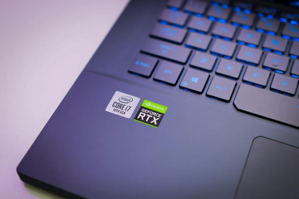 NVIDIA RTX GPU badge on laptop keyboard close-up