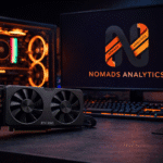 NVIDIA RTX 3060 graphics card on a desk beside a gaming PC and monitor showing the Nomads Analytics logo