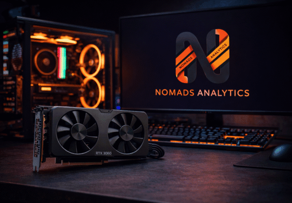 NVIDIA RTX 3060 graphics card on a desk beside a gaming PC and monitor showing the Nomads Analytics logo
