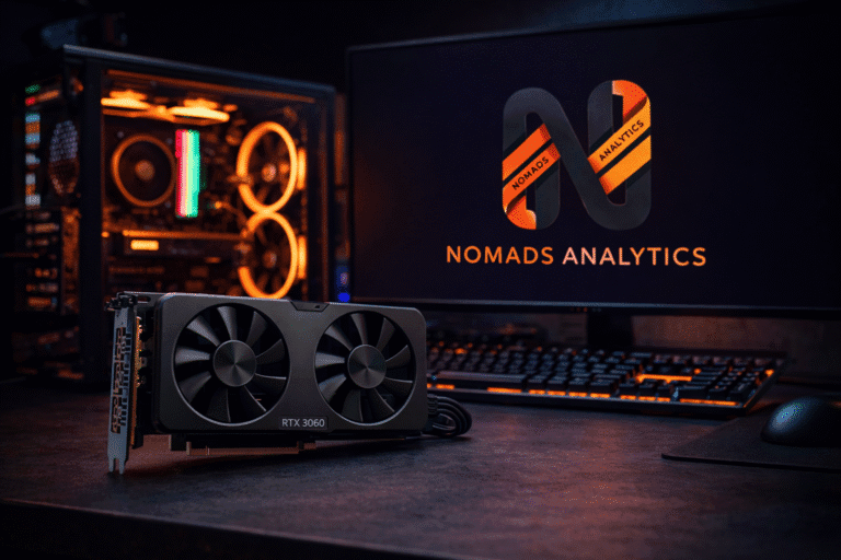 NVIDIA RTX 3060 graphics card on a desk beside a gaming PC and monitor showing the Nomads Analytics logo