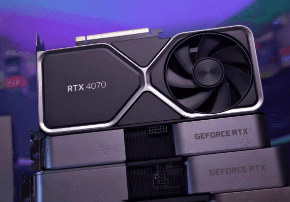 NVIDIA GeForce RTX 4070 graphics card with single fan design on a reflective surface