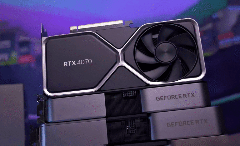 NVIDIA GeForce RTX 4070 graphics card with single fan design on a reflective surface
